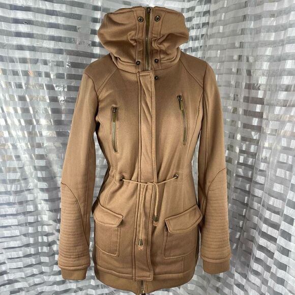 Yoki Tan High Collar Snap/Zipper Drawstring Waist Coat - Picture 1 of 6